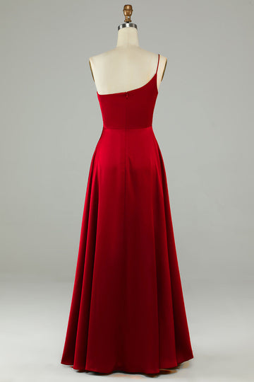 Burgundy A-Line One Shoulder Satin Long Bridesmaid Dress with Ruffles